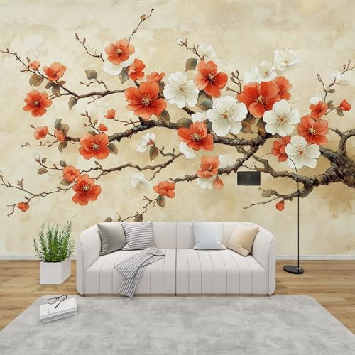MMYAOKEN Papier Peint Panoramique Fleur de Cerisier 350x256 cm - Décoration Murale Fleurs Japonais - Tapisserie Murales Papier Peint Intissé pour Chambre Salon - Poster Tableaux Photo Muraux