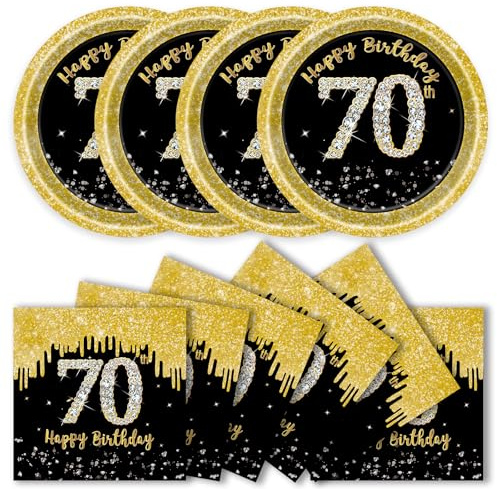DHAIQC 50 Pièces Vaisselle Jetable Anniversaire 18 Ans, Noir Or Assiettes Jetables et Serviettes 18e Pour Femmes Homme 18 Ans Anniversaire Décoration (70)