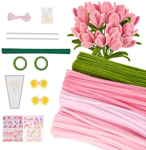 Kuvarix 400 stycken piprengörare blomset, piprengörare för pyssel blommor (4 färger), bukett gör-det-själv pysselset med blomstjälkar, band, dammpärlor, instruktioner, limpennor etc (rosa)