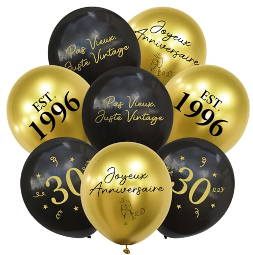 Ballon Décoration Anniversaire 30 Ans, Kit 24pcs Ballons Noir et Or, Joyeux Anniversaire Déco pour Fête D'anniversaire 30 Ans Homme Femme 1996, Happy Birthday Deco