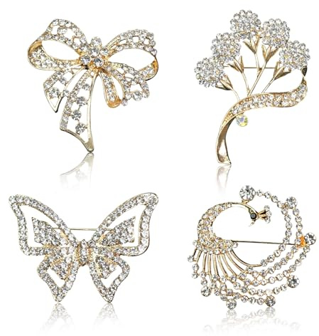 FOSDICK Lot de 4 Broche Femme Vetement, Broche de Strass de Mode, Broches Élégantes Style Vintage Cristal pour Femme Robe Chapeau Sac Foulard Vêtement Accessoire Mode Cérémonie