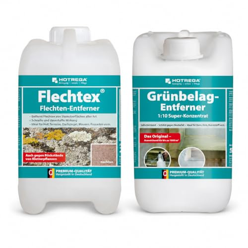 HOTREGA Flechtex 2L + Grünbelagentferner 5L | Kraftvoll gegen Algen & Moos | Konzentrat für Stein, Holz & Kunststoff | Ideal zur Reinigung von Terrasse, Fassade oder Zaun | Ohne Säure sowie Chlor