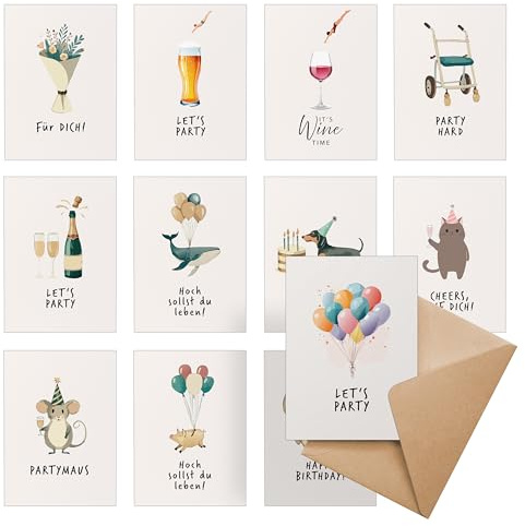 Ausgewählt verpackt 12 Geburtstagskarten mit Umschlag – Set: Glückwunschkarten, A6, Aquarell – lustige Happy Birthday Karten – zum Geburtstag für Frau und Mann - SET 1