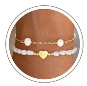 Armband Damen Gold Silber, 18K Gold/Silber Vergoldet Perlenarmband Damen | Wasserfes Perlen Armbänder Verstellbares Armkette Perlenschmuck Geschenke für Frauen Freundin Mutter Tochter