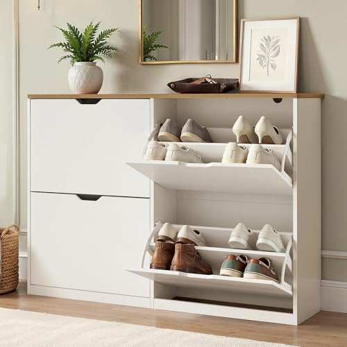 LUE BONA Schuhschrank mit 4 Flip-Klappen,Schuhschrank Schmal 23 cm Tiefe,Schuhkipper Geschlossen mit Verstellbaren Trennwänden für Flur,Eingangsbereich,16 Paar Schuhe,110 x 23 x 80,Weiß+Naturholz