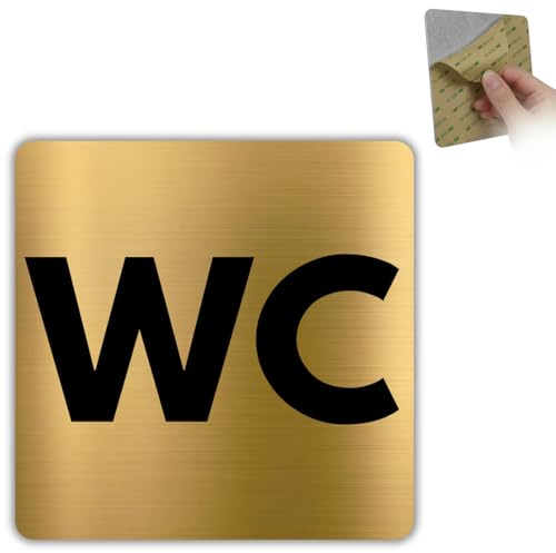 LEIASA | Cartello WC Bagno - 10x10 cm - Alluminio Dorato - Porta Toilette | Adesivo per Stanza da Bagno, Targa Water, Segnale Bagno Interno, Insegna Latrina, Placca Lavandino, Avviso Sciacquone