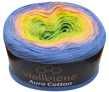Wollbiene Farbverlaufsgarn 200g - 800m - 4 Fädig Bobbel Strickwolle Häkeln Bobbel Wolle Farbverlauf, 100% Baumwolle, Strickwolle Mehrfarbig (817 lilablau gelb grün)