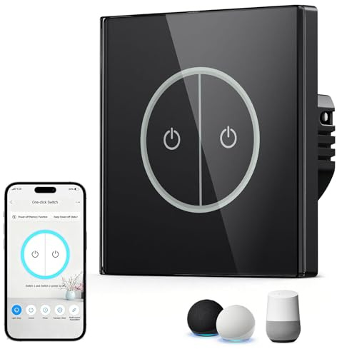 Táctiles Interruptores Wifi, 2 Gang 1 Vía Luz Pared Interruptor Inteligente | Smart Interruptor Compatible con Alexa/Google, Smart Light Switch Wifi con Tuya/Smart Life APP, Conductor Neutro Necesario