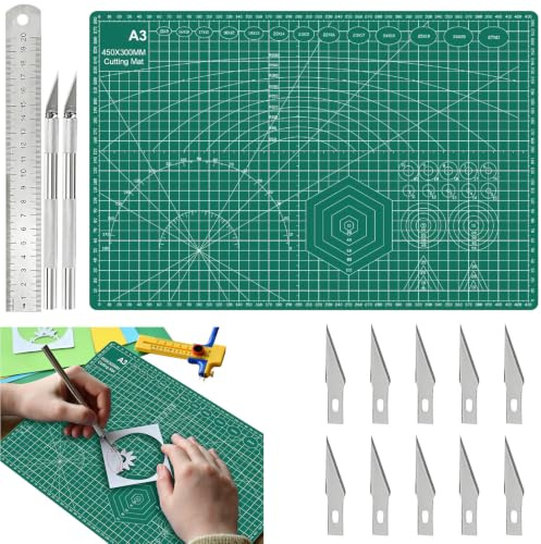 A3 Cutting Mat Kit, Double-Sided Cutting Mat Set Includes 1 Cutter Mat, 2 Cutting Knives, 10 Replace Blades & 1 Ruler, 3 mm Thick Self Healing Craft Pad Board for Cutting Sewing DIY Arts Crafts