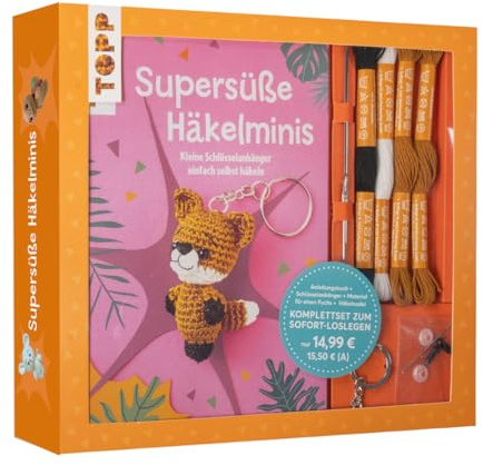 Kreativ-Set Supersüße Häkelminis. Anleitungsbuch + Material: Buch (32 S., DIN A5, Softcover), Baumwollgarn (3 Farben), Häkelnadel 1,25mm, Füllwatte (100% Polyester), Sicherheitsaugen, Schlüsselring
