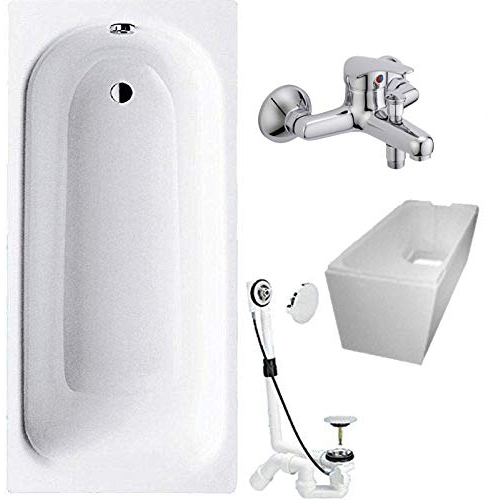 Badewanne 4-in-1 KOMPLETT SET Stahl Rechteckwanne 160 x 70cm weiß inkl. Wannenträger, Ablaufgarnitur und Wandarmatur