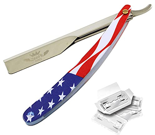 Straight Edge Razor - Barber Salon Quality (American Flag) Men's Beard Cut Throat Razor + 10 Shaving Blades By Zeepk