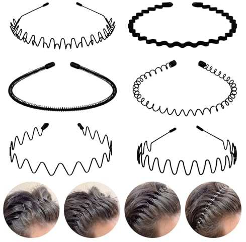 fenshine 6PCS Metal Hair Bands, Spring Wavy Hoop Unisex Black Headband Slicked Back Non Slip Sports Hairband for Women Men…