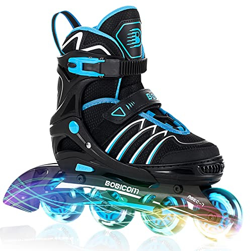 BOBICOM Adjustable Inline Skates with Full Light Up Wheels,Outdoor Illuminating Roller Skates for Kids and Adults, Girls and Boys, Men and Women, Blue L