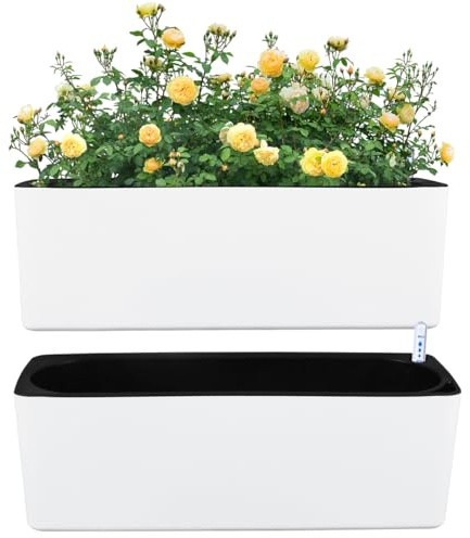 2 Pack Rectangular Planter 15.6 x 5.4 in Self Watering Planter Window Sill Planters Indoor Rectangle Plant Pot Self Watering Pots Plastic Plant pots with Drainage Holes Black Flower Pot