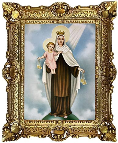 Gemälde Jesus Maria Ikonen Heiligenbild mit Rahmen 56x46 cm MADONNA DEL CARMINE Heilige Bilder 50B