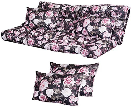 Bielik Garden Canopy Swing Seat Cushion with Extra 2 x Small Pillows - Swing Bench Cushion made of Waterproof Fabric with Oeko-TEX Certificate and Straps attached - Made in EU (Black + Roses)