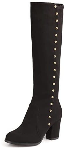 Lroey Reoly Damen Hohe Stiefel mit Blockabsatz, Partystiefel Höhe Ferse Runde Zehen Boots Zip Nieten 143 Schwarz Gr 35 EU