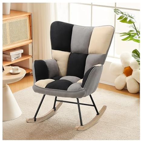 INMOZATA Rocking Chair for Nursery Patchwork Fabric Relaxing Recliner Chair Wingback Accent Chair with Solid Wood Legs for Home Living Room Bedroom(Multicolor)