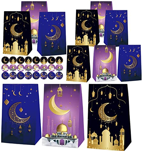 Booaee Eid Mubarak Geschenktüten, 12 Stück mit 24 Aufklebern, Ramadan Party Verpackung