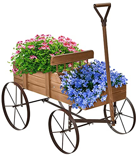 GOPLUS Carrito de Madera Decorativa con 4 Ruedas Metal y Mango, Macetero Exterior con 2 Compartimentos, Jardinera Interior Colocar Regalos,62 x 34x 61cm (Nogal)
