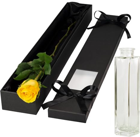 InterRose | Single Yellow Rose Stem presented in an extra long silk lined box with a Name a Rose keepsake with a Single Stem Glass Vase
