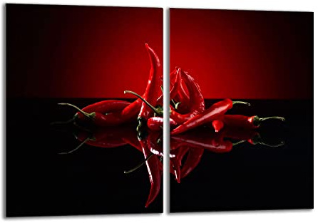 Herdabdeckplatten Set 2x40x52 cm Ceranfeld Abdeckung Glas Spritzschutz Abdeckplatte Glasplatte Herd Ceranfeldabdeckung Deko, Chilli Rot