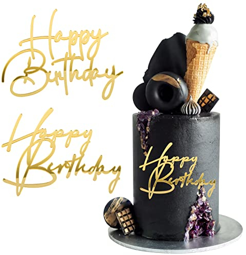 BETESSIN 2pz Topper Torta Happy Birthday Buon Compleanno in Acrilico - Decorazione per Torta Oro Dorato