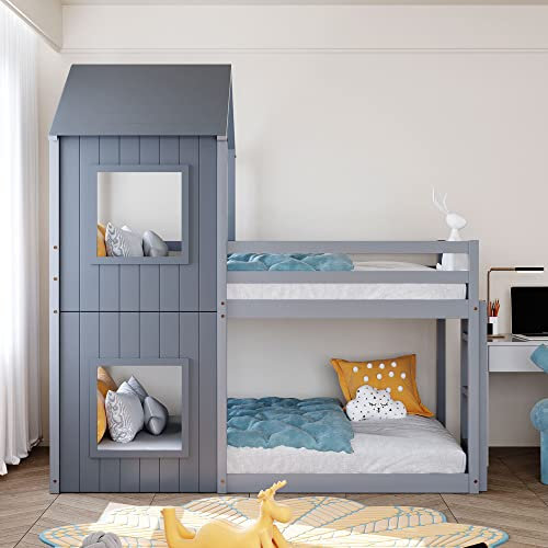 LINTAIZUO 90 * 200cm Etagenbett, Kinderbett, Holzbett mit Treppe, Hausbett für Mädchen und Jungen, mit Leiter & Baldachin, bodentief, massivholz, weiß,Grey