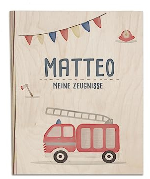 Personalisierte Zeugnismappe aus Birkenholz - Individuelles Geschenk zur Einschulung mit Namen - DIN A4 - Zeugnisringbuch Mädchen & Jungen - hellomini (Feuerwehr)