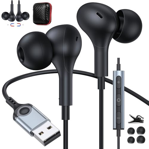 ACANDYA USB Headphones with Microphone for PC USB A Earbuds Computer 2.3M Cord Magnetic in-Ear Headset Audio Control Mute Function for Laptop Desktop Notebook Headset for Office Live Broadcast Gaming