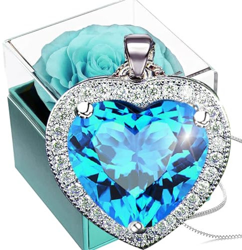Preserved Real Rose with Aquamarine Crystal Necklace,Forever Cyan Rose with Women Heart Necklace,925 Sterling Silver Ocean Pendant in Eternal Rosebox,Infinity Gift for Her On Christmas valentine