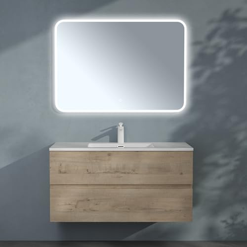 doporro Badmöbel-Set Waschbecken-Unterschrank mit LED-Spiegel Badezimmer | Wandhängendes Badmöbel-Set mit Mineralguss-Waschbecken, LED-Spiegel – pflegeleicht 100x48x50cm in Eiche Greige Aqualis