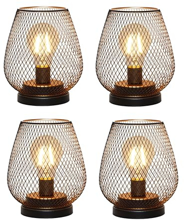 TRIROCKS Set of 4 Outdoor Vintage Decorative Battery Operated Table Lamp, Metal Cage Cordless Lanterns with LED Bulb for Weddings, Parties, Patio, Events for Indoors Shelf Decor
