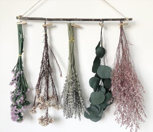 DongArts Natural Dried Flower Rack, Dried Flower Wall Hanging for Boho Farmhouse Wall Decor, Eucalyptus Dried Herb Rack, Greenery Hanging Plants for Kitchen, Bedroom, Living Room, Lavender