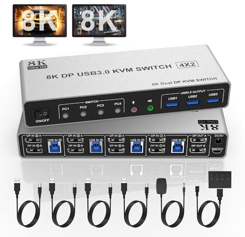 8K@60Hz Displayport USB 3.0 KVM Switch 2 Monitore für 4 Computer 8K@60Hz 4K@144Hz, DP1.4 Dual Monitor Displayport KVM Switch 4 Ports mit Audioausgang und 3 USB 3.0, 8K DP Monitor Switch für 4 PCs