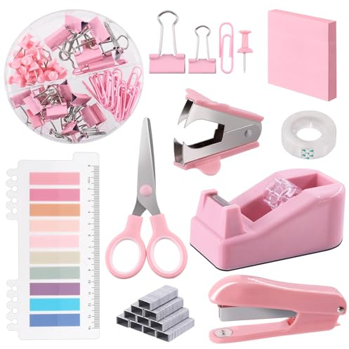 Swpeet Kit de fournitures de bureau rose, 9 pièces, accessoires de bureau, y compris agrafeuse, distributeur de ruban, porte-onglets, ciseaux, trombones, ruban, clips et feuillets autocollants, idéal