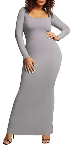 DGCUPODE Damen U-Ausschnitt Basic Bodycon-Kleider Langärmelige Bleistiftkleider Einfarbiges Club-Cocktail-Maxi-Kleid (Grau,3XL)