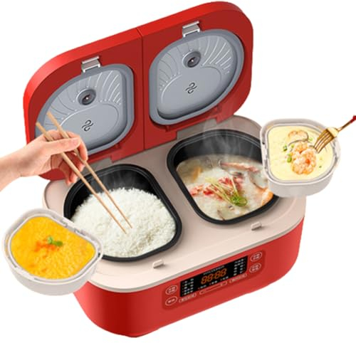 ANGDI Cuiseur à Riz électrique Professionnel, cuiseur à Riz Multifonction 1,5 L + 1,5 L avec Double réservoir intérieur, revêtement antiadhésif et Panneau de Commande LED, Rendez-Vous 12 Heures(Red)