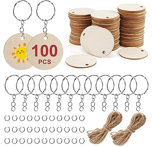 Lobamop Lot de 100 rondelles en bois brut de 5 cm avec trou rond de 5 cm et 100 anneaux porte-clés et 10 m de pour bricolage, artisanat, peinture, décoration suspendue