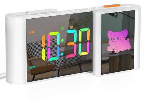 Sukeen Wecker Digital, Wecker Kinder mit Niedlicher Hund, Digitaluhr mit Doppelalarm, 11 Farbziffern, 10 Farben Cartoon, Woche, Dimmbar, Lautstärke, Schlummer für Kinder Erwachsene Schlafzimmer Weiß