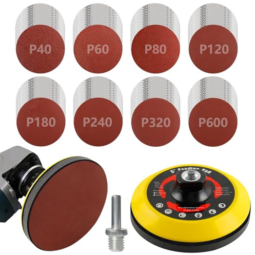 120 Stück Schleifscheiben-Set, 125mm Klett für Winkelschleifer Körnung 40/60/80/120/180/240/320/600 Schleifscheiben Pad Kit Schleifpapier mit M14 Schleifteller Schaft Polierpad Adapter Puffer Pads
