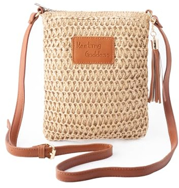 FULEI Summer Straw Crossbody Bags for Women Small Lightweight Woven Beach Bag with Tassel, Adjustable PU Strap, Zipper Pocket