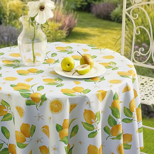 Romanstile kleine runde Wachstuchtischdecke 100 cm PVC Tischdecke Outdoor wetterfest wasserdicht Zitronen Mediterraner Stil mit Schnittkanten für Garten,Balkon,Terrasse,Couchtisch,BBQ,Kinderzimm