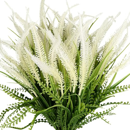 SAREAL Artificial Outdoor Plants – 10 Bundles of Faux Bead Grass Greenery, UV Resistant & Weatherproof Fake Plants for Patio, Porch, Garden, or Indoor Decoration,White