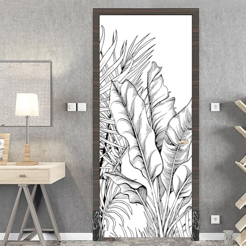Türposter Schwarze und weiße Bananenblätter PVC Türaufkleber Fototapeten Wasserdichte Tapete Türfolie Selbstklebend TürPoster 77x200cm Wohnzimmer Schlafzimmer Küche Toilette