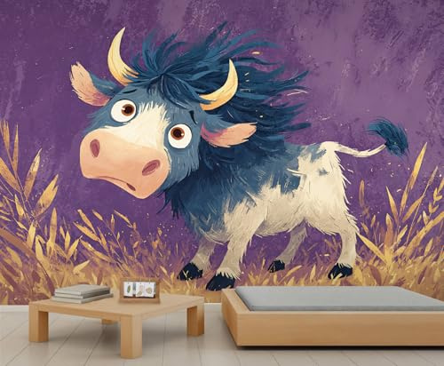 Kinder-Tapete mit Cartoon-Kuh-Motiv, niedlich, lila, Wandbild für Mädchen, Schlafzimmer, Wandbild, Poster, Wohnzimmer, TV-Hintergrund, 200 x 140 cm