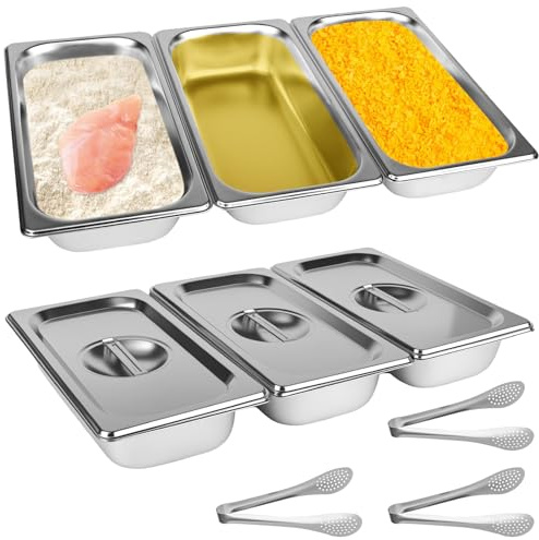 Juego de 3 cuencos para empanar, 32,5 x 17,5 x 6,5 cm, recipiente GN 1/3, recipiente rectangular de metal con tapa de acero inoxidable para chuletas (se suministra con 3 clips de acero inoxidable)