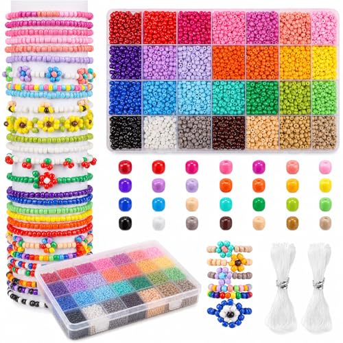 LEMONSTONE 5000 4mm Perlen für Armbänder Selber Machen, 28 Leuchtende Farben Set mit Elastikfaden & Aufbewahrungsbox, Perlen zum Auffädeln für DIY Schmuck, Freundschaftsarmbänder & Kinder Basteln
