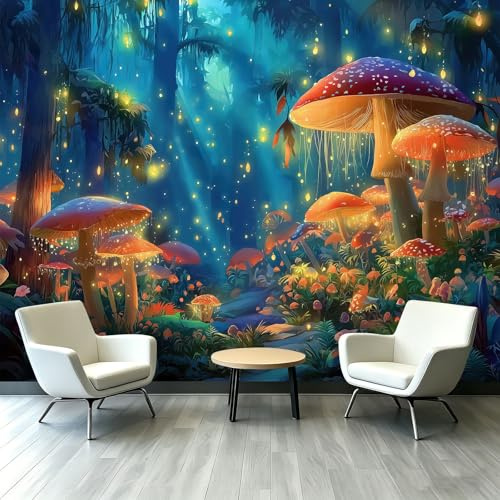 Papier peint photo intissé, Style Cinématographique Fantastique 300x210 cm | Papier peint intissé, pour Salle Gaming Salle Jeu Salle Média Chambre, Champignons Forêt Magique papier peint effet 3D